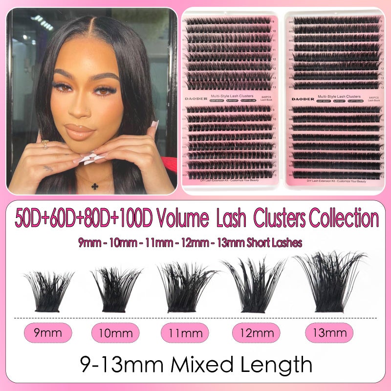 داودر مجموعة رموش كثيفة من داودر، 9-13 مم، رموش قصيرة وخفيفة، 50D+60D+80D+100D، رموش فردية كثيفة وناعمة، 640 قطعة، تجعيد D - Image 3